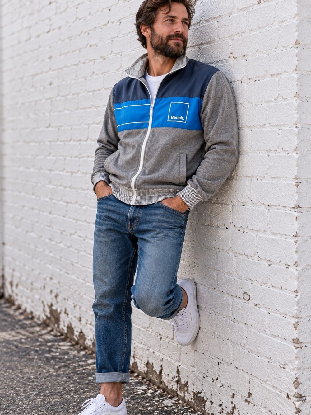 Y2K Bench Men’s Grey and Blue Classic Colorblock Zip-Up Sweatshirt